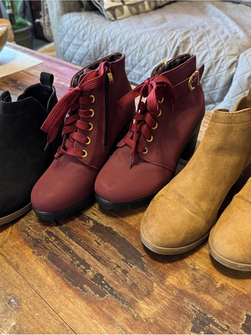 Women’s Burgundy Lace-Up Ankle Boots with Side Zip